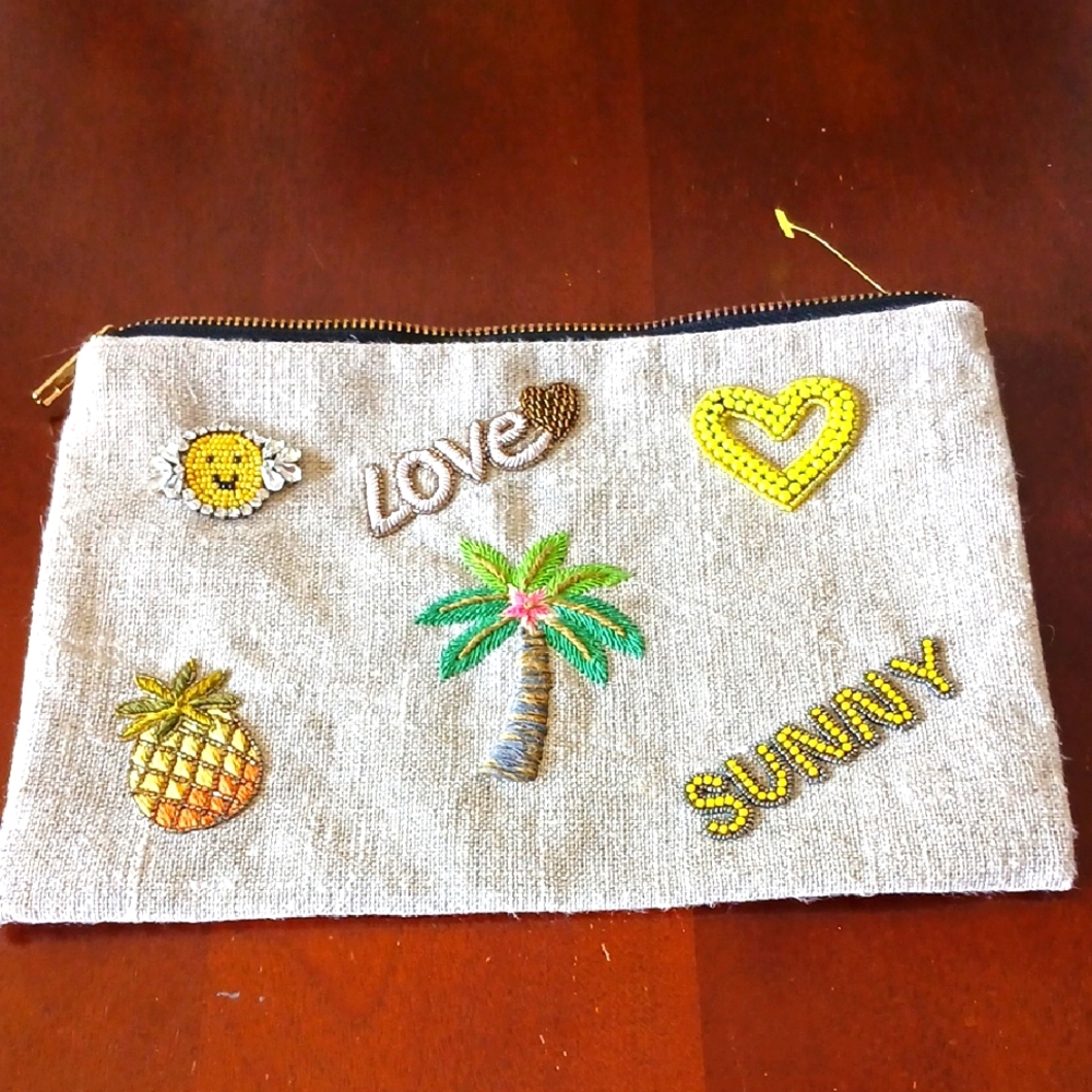 Yellow and Tan Cosmetic Bag with Tropical Embroidery